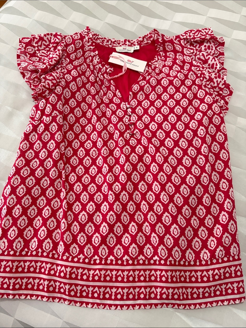 Vineyard Vines Red and White Printed Flutter Sleeve Top